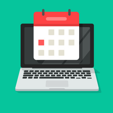 Calendar or agenda on laptop computer screen vector icon, flat cartoon online organizer app on pc display with event date reminder top view image
