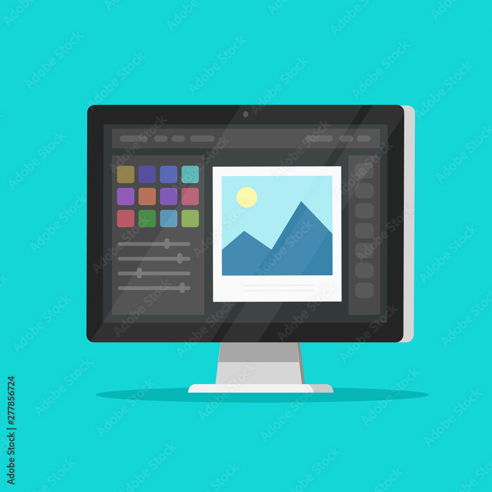 Fototapete Photo or graphic editor on desktop computer monitor vector icon, flat cartoon pc screen with design or image editing software or program symbol isolated image