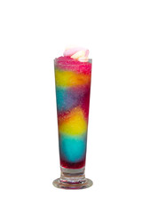 Healthy rainbow smoothie fruit in glass with Marshmallow isolated on white background. with clipping path,healthy detox or diet concept