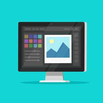 Photo or graphic editor on desktop computer monitor vector icon, flat cartoon pc screen with design or image editing software or program symbol isolated image
