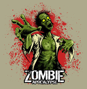 Comic book style zombie with red stains on background, vector zombie illustration or t-shirt print.