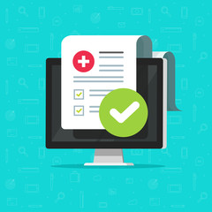 Medical form check list with results data and approved check mark online vector icon, flat cartoon computer and clinical checklist document report with checkbox, insurance or tele medicine - obrazy, fototapety, plakaty