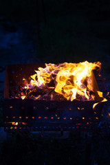 burning firewood in the grill, preparation for the frying of meat, close-up