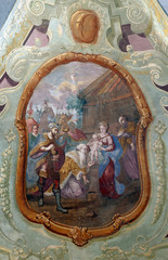 Nativity Scene, Adoration of the Magi, fresco on the ceiling of the Church of Our Lady of the Snow in Belec, Croatia 