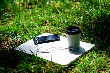 Summer vacation. Work and relax in natural environment. Its coffee time. Coffee take away. Laptop...