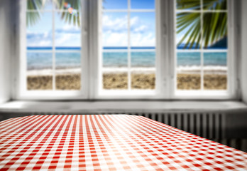 Desk of free space and summer window background 