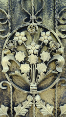 Interior of classical vintage floral design of stereoscopic metal board arts with copper plating, for mock up, background, seamless, wallpaper, decoration and copy space usage.