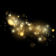 Glowing yellow circles. White sparks and golden stars glitter special light effect. Vector sparkles on transparent background. Christmas abstract pattern. Sparkling magic dust particles