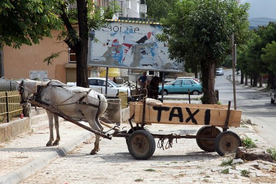 Rural traditional horse taxi buggy in Debar, Macedonia