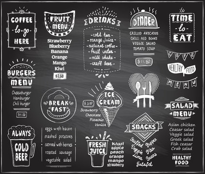 Chalkboard menu for cafe or restaurant - coffee, fruit menu, burgers, cold beer, breakfast and dinner menu, fresh juice, snacks, salad menu and ice cream