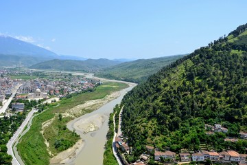 The albanian city of Berat, designated a UNESCO World Heritage Site in 2008. Top view from the Berat Castle to Osum (Osumi) river and the part of city center. Albania