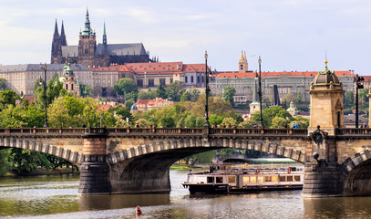 Prague, Czech Republic skyline with historic Charles Bridge. Boat cruise on Vltava river