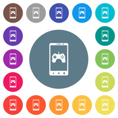 Mobile gaming flat white icons on round color backgrounds