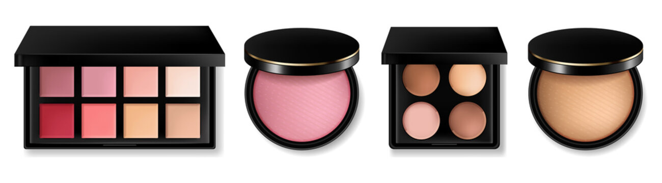 Cosmetics Set Vector Realistic. Eye Shadow, Lip Gloss And Powder Blush Collection. Product Placement. 3d Illustrations