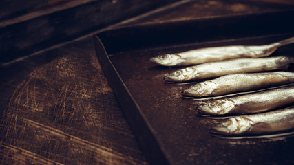 Seafood. Small sea fish, anchovies, capelin, smelt, on dark background