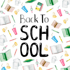 Watercolor concept of Education for school supplies. Back to school text. Back to school poster design. Autumn tag, university logo, stamp, template, banner. Calligraphic hand written lettering
