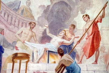 Obraz na płótnie Canvas Martyrdom of the Saint Lawrence, ceiling fresco in the Saint Lawrence church in Denkendorf, Germany