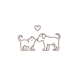 Kitten kisses puppy logo or icon. Friendship of the species. Love and heart. Cat and dog. Pet Shop. Outline contour line vector illustration.