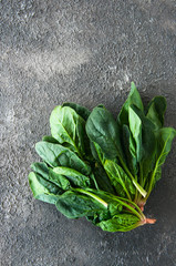 Fresh spinach leaves on a gray background.
