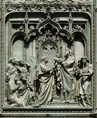 The presentation of Jesus at the temple, detail of the main bronze door of the Milan Cathedral, Duomo di Santa Maria Nascente, Milan, Lombardy, Italy