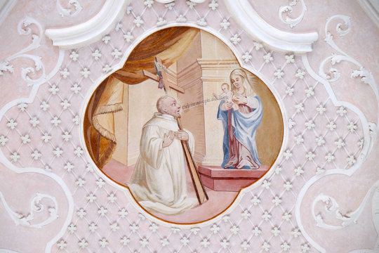Ceiling frescoes with scenes from the life of St. Bernard of Clairvaux by Johann Adam Remele in Bernard Hall, Cistercian Abbey of Bronnbach in Reicholzheim near Wertheim, Germany