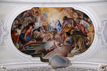 Nativity Scene, Birth of Jesus, fresco by Cosmas Damian Asam in the Basilica of St. Martin and...