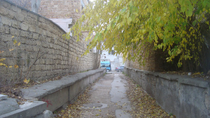 Empty the straight,narrow lane between brick walls in the Old town, on a cloudy day.