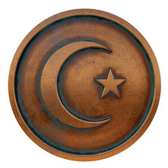 Islam symbol on the copper metal coin 3D rendering