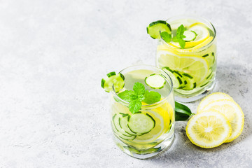 Cucumber citrus mint water. Selective focus, space for text.