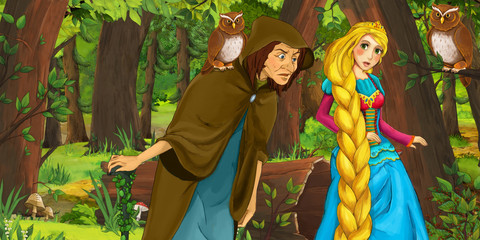 cartoon scene with happy young girl princess and sorceress witch in the forest encountering pair of owls flying - illustration for children