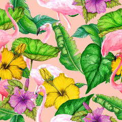 Seamless tropical pattern of watercolor flowers,flamingos and leaves