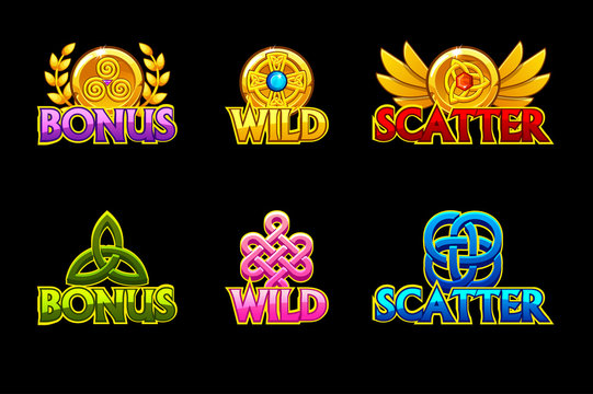 Celtic slots icons. Vector icons wild, bonus and scatter. For game, slots, game development.. Symbols on a separate layer