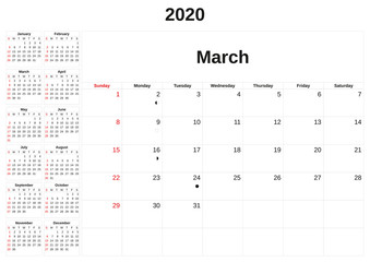 2020 a monthly calendar  with white background.