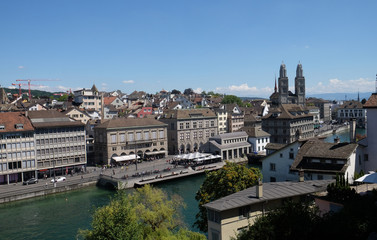 Fototapeta premium Panorama view of historic city center of Zurich with famous Grossmunster Church