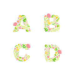 Vector Hand Drawn floral uppercase letter monograms or logo. Uppercase Letters A, B, C, D with Flowers and Branches Blossom. Floral Design