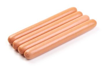 Fresh chicken hot dog sausages, for barbeque or grill, close-up, isolated on white background