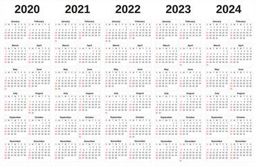 2020-2024 annual calendar with white background.