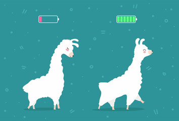 Llama with high full level energy battery green and low battery . Happy alpaca run and go. Flat vector illustration isolated on blue background. © Artamstera