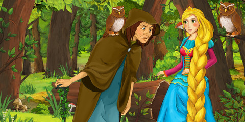 Fototapeta na wymiar cartoon scene with happy young girl princess and sorceress witch in the forest encountering pair of owls flying - illustration for children