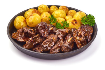 Fried Chicken Livers with baked potatoes, Traditional French cuisine, close-up, isolated on white background