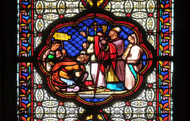 Baptism of Constantine after his victory over Maxentius, stained glass window in the Basilica of...