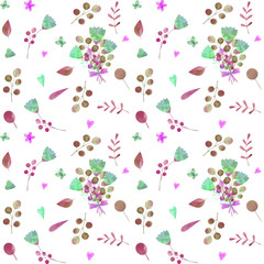 seamless pattern with cute watercolor illustration of stylized flowers.