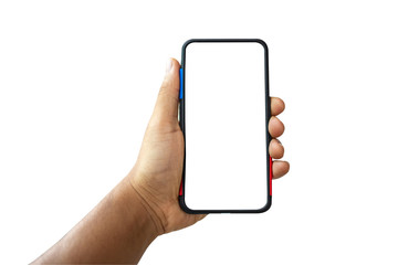 Man hand are holding the black smartphone with blank screen  isolated on white background with clipping path.