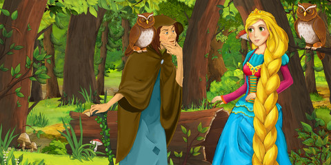cartoon scene with happy young girl princess and sorceress witch in the forest encountering pair of owls flying - illustration for children