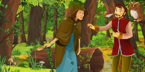 Obraz na płótnie Canvas cartoon scene with farmer or prince talking to the witch in the forest near some owl - illustration for children