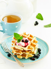 Homemade waffles with a sprig of currants. White background.