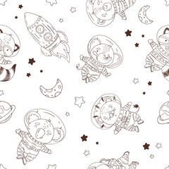 Seamless pattern with cute cartoon rocket, ausrtonaut and planet in space
