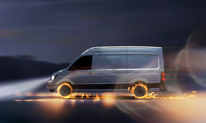 Fototapeta na wymiar Fast delivery van with burning tires