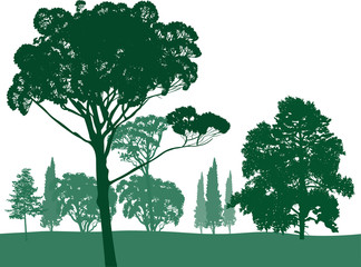 ten green trees on white illustration
