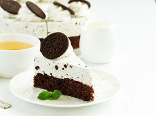 A piece of chocolate cake. Selective focus.
